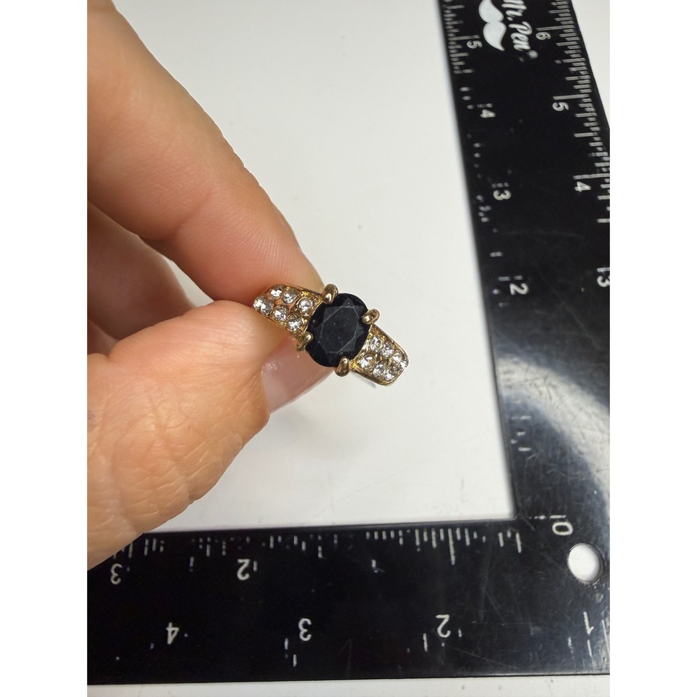 Gold Tone Dark Blue Faux Sapphire and Rhinestone Cocktail Ring Size 7